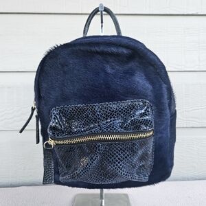 Cuir Rose Mini Backpack Navy Blue Fur Zip Small Travel Park